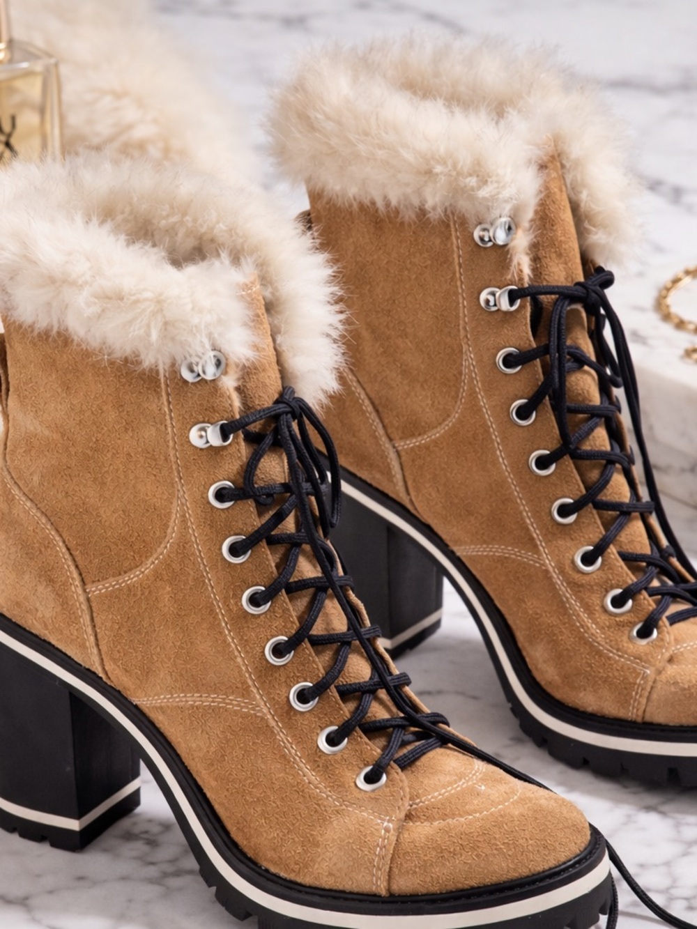 Sigerson Morrison Suede Fur Trim Heeled Winter Boots | Cozy Luxury | Size 37.5